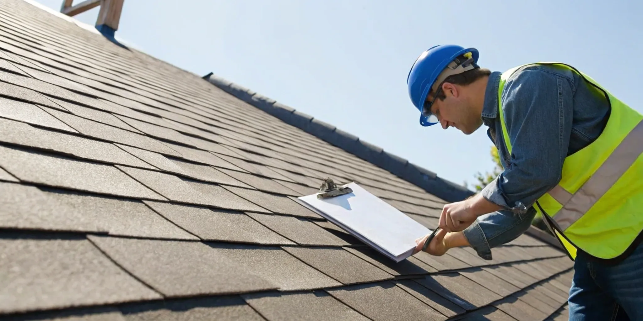 Accredited inspector completing a certified roof inspection on a home listed for sale.