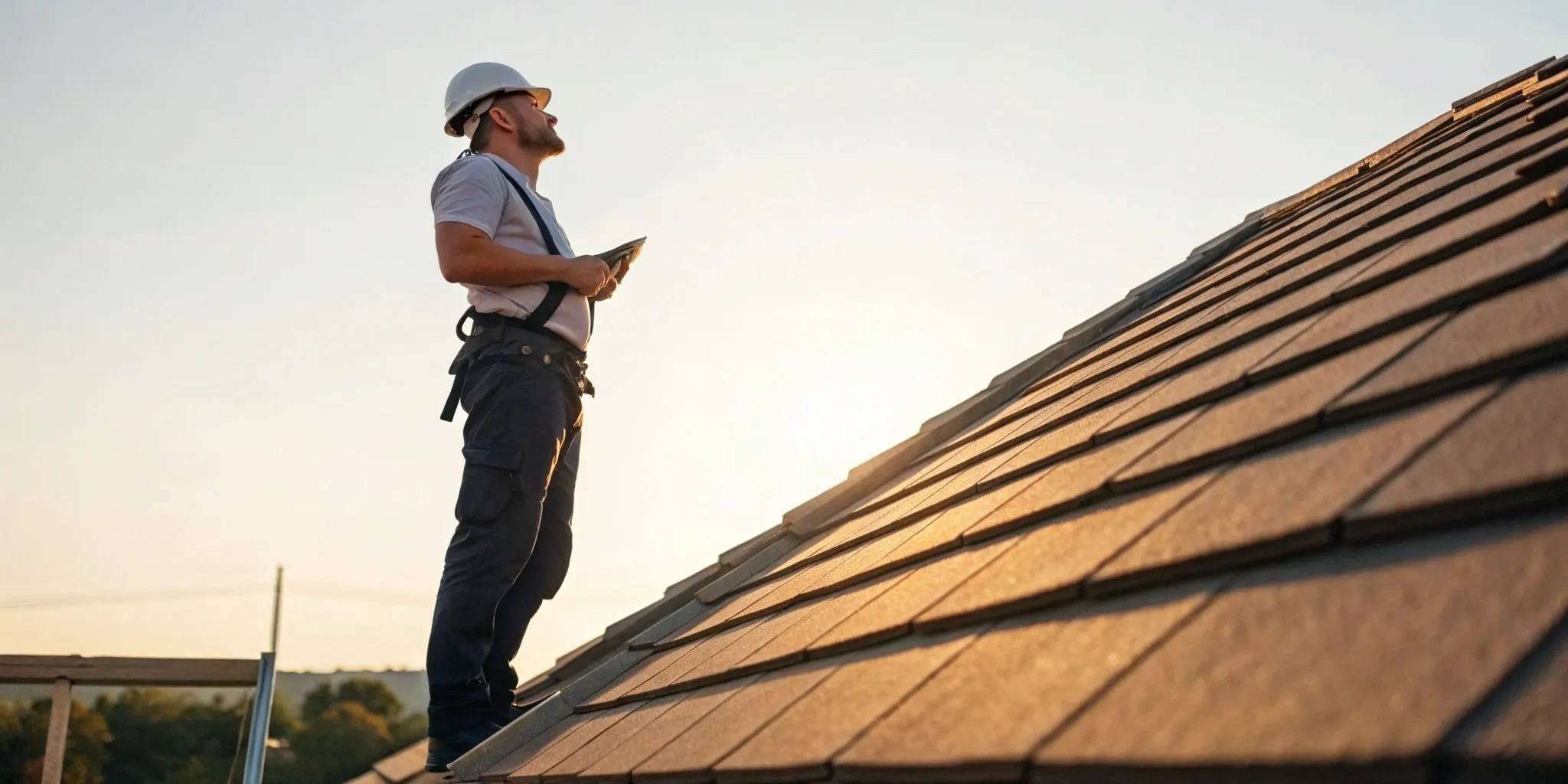 Certified roof inspector for warranty transfer examining shingles and flashing on a home.