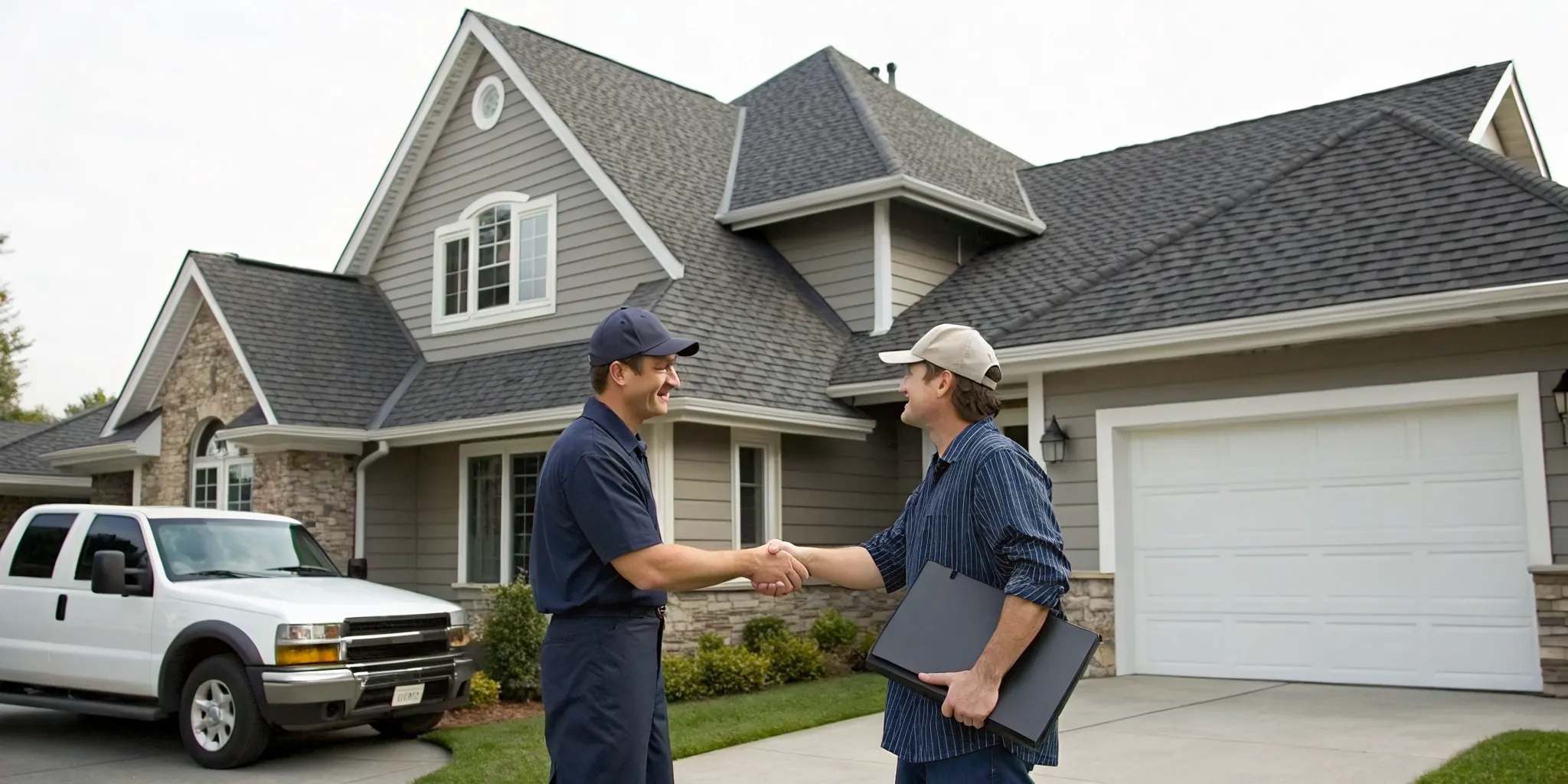 A roofer and a homeowner shaking hands beside a finished shingle roof covered by a 5-year workmanship warranty.