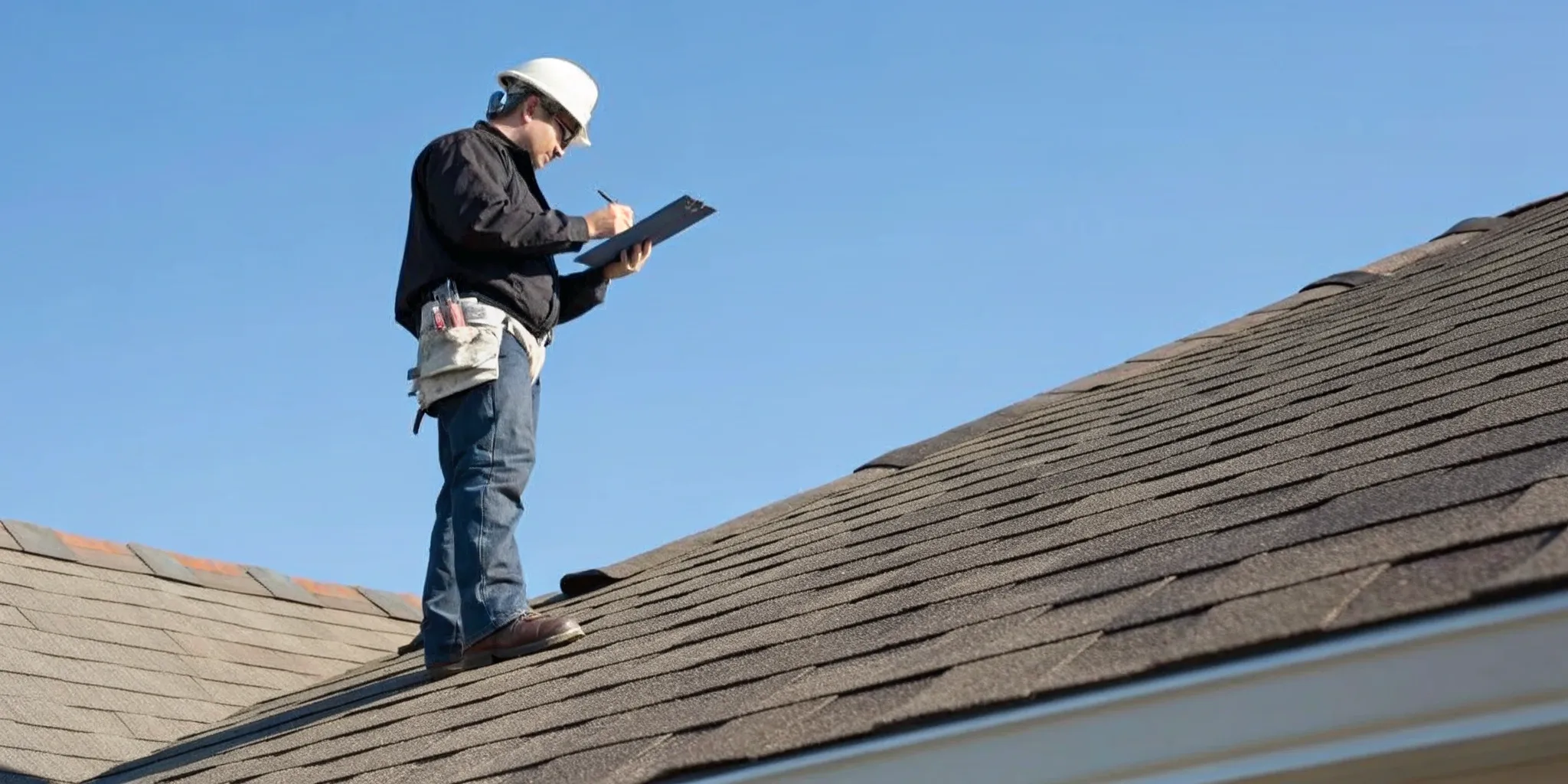 Inspector photographing damaged shingles during a roof inspection for an insurance claim.