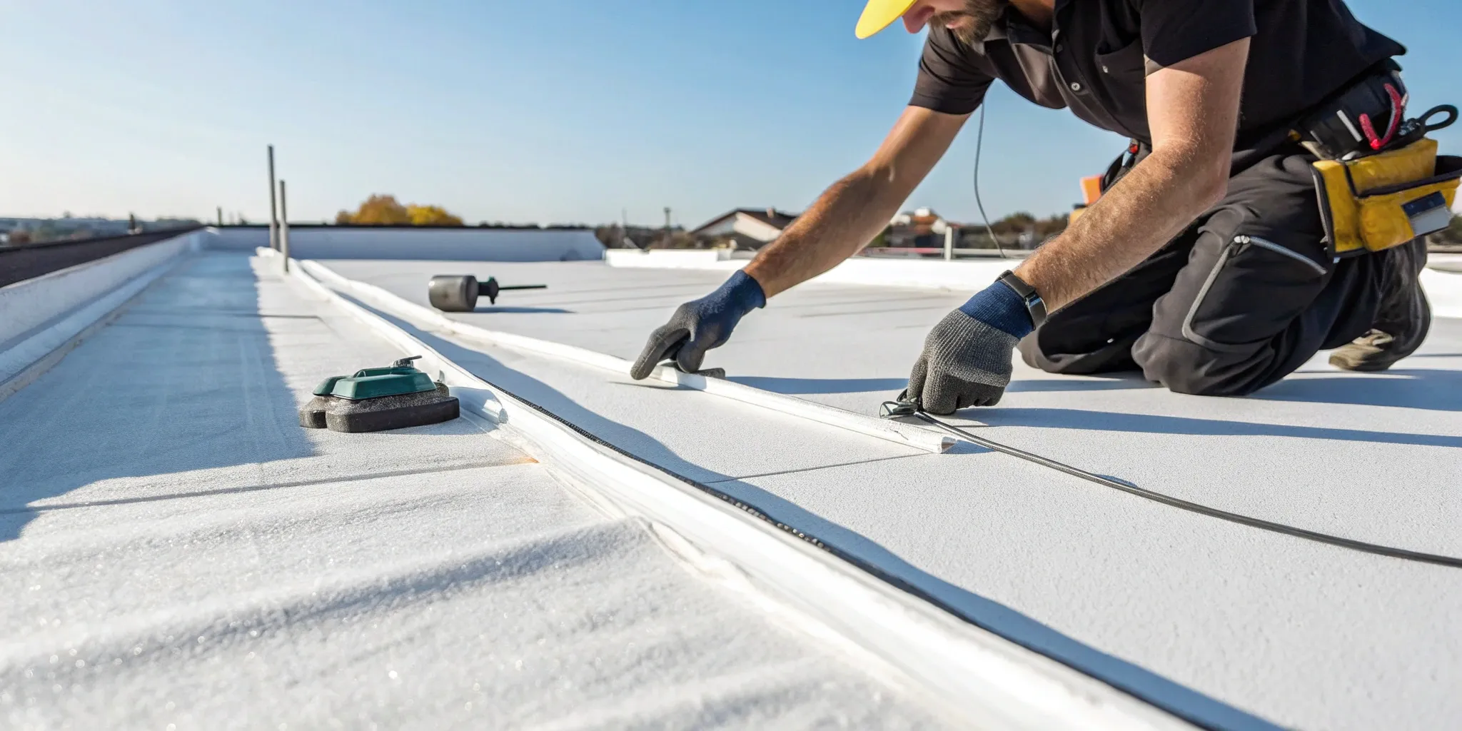 Roofer hot-air welding a membrane seam during TPO roofing certification classes.