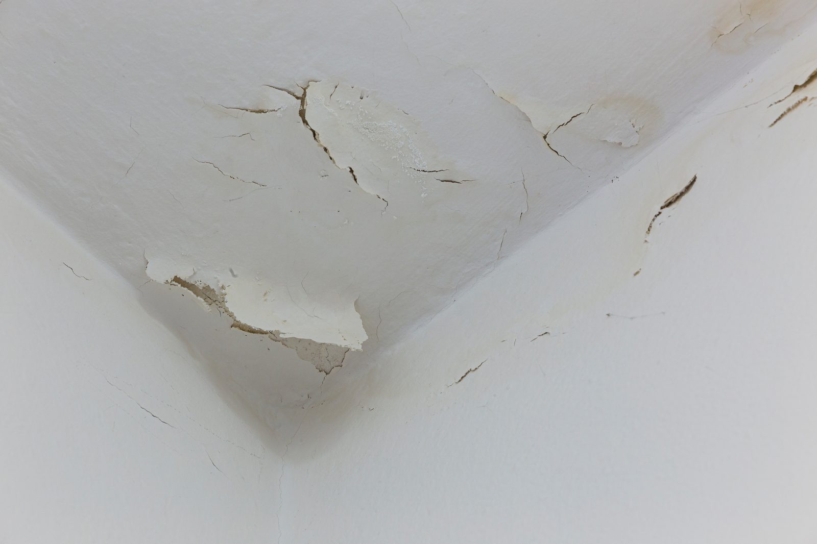 Water-damaged ceiling corner with cracked and peeling paint